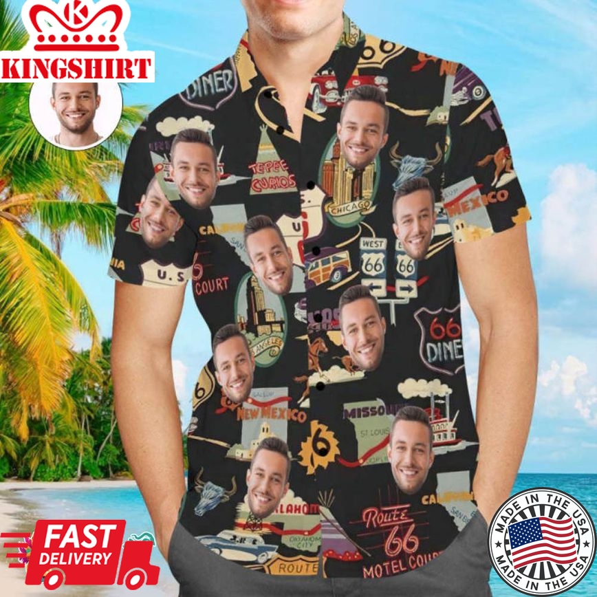 Custom Face Trending Hawaiian Shirts Hawaiian Shirt Route 66 Icons Aloha Beach Shirt Gift For Him