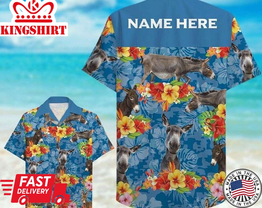 Custom Farmer's Name Trendy Hawaiian Shirt, Donkey Pattern Hawaii Shirt, Tropical Beach Shirt Button Down Shirt, Mens Trendy Hawaiian Shirt.