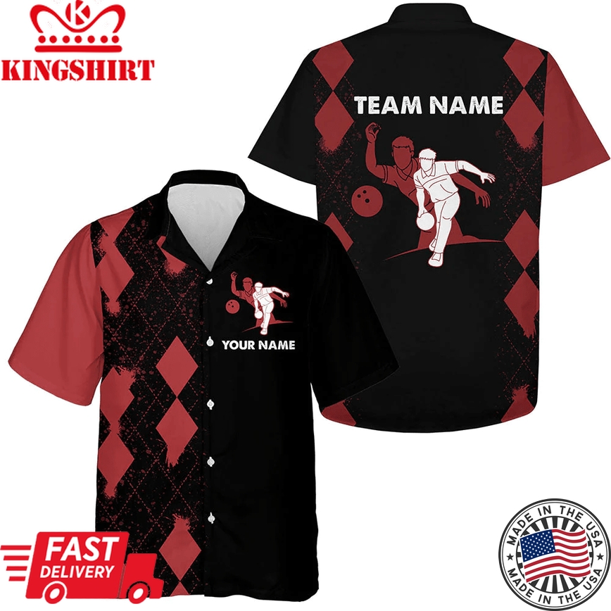 Custom Hawaiian Bowling Shirt, Personalized Name Red&Black Bowler Team Jersey For Bowling Lovers