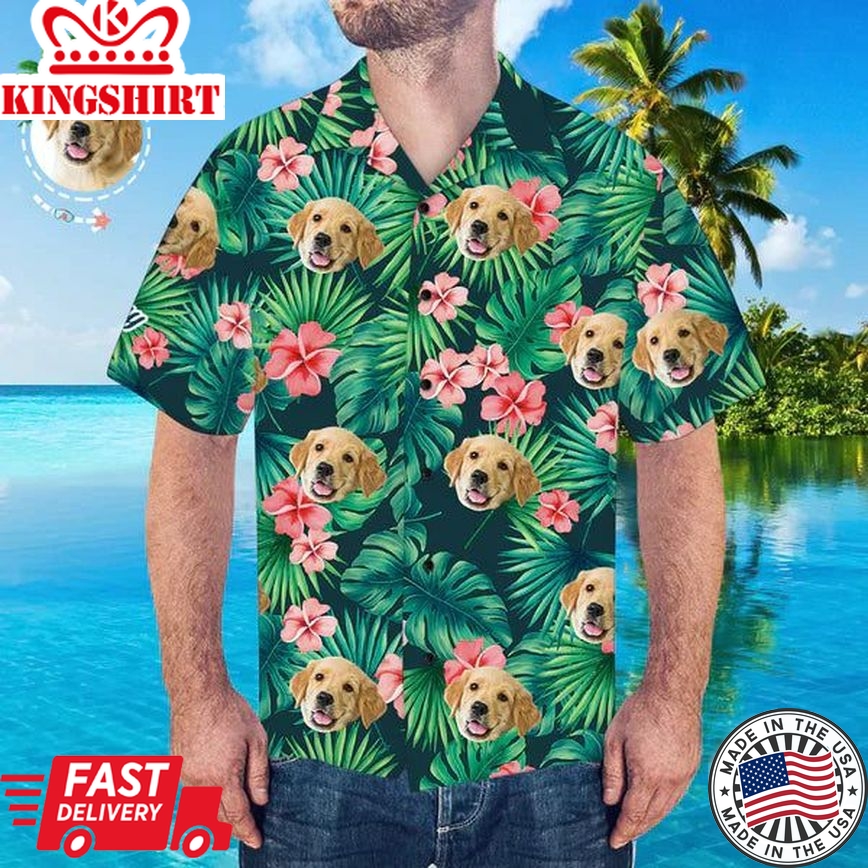 Custom Hawaiian Shirt With Dog Face Men's Hawaiian Shirt Red Flowers Casual Shirt