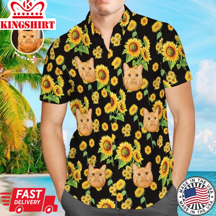 Custom Hawaiian Shirts Cat Face Sunflower Design Aloha Beach Shirt For Men