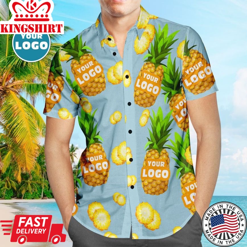 Custom Logo Hawaiian Shirts Blue Funny Pineapple Personalized Aloha Beach Shirt For Men