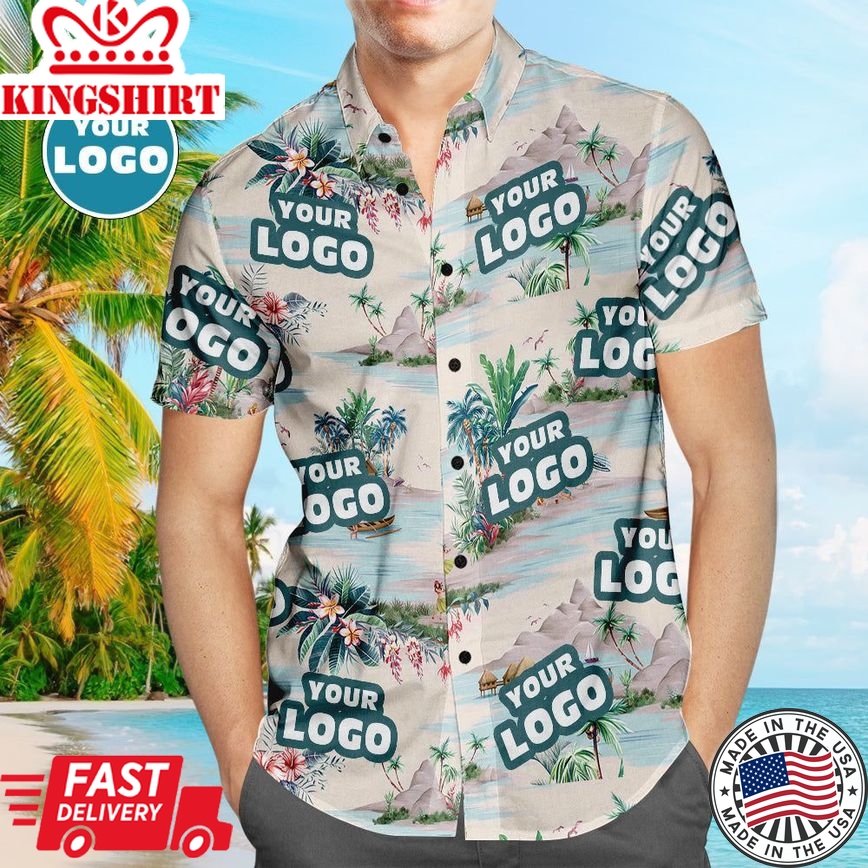 Custom Logo Hawaiian Shirts Mountains And Rivers Aloha Beach Shirt For Men