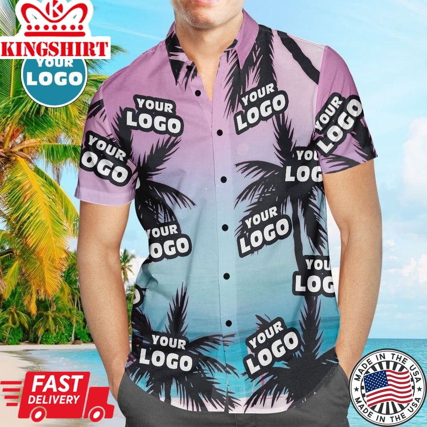 Custom Logo Hawaiian Shirts Sea And Coconut Tree Aloha Beach Shirt For Men