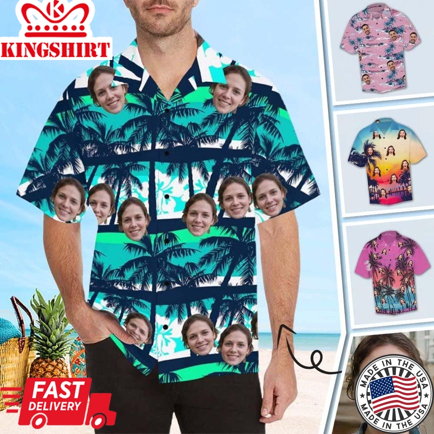 Custom Made Men's Hawaiian Shirt With Girlfriend Face Coconut Tree