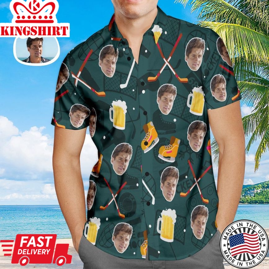 Custom Men Face Hockey Beer Trendy Hawaiian Shirts, Personalized Photo Hockey Aloha Beach Shirt, Matching Outfit For Hockey Lovers