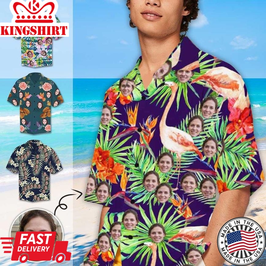 Custom Men's Hawaiian Shirt With Face Flamingo Leaves