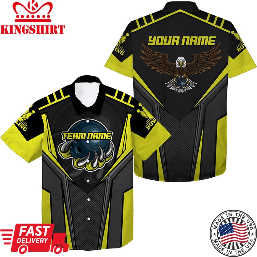 Custom Name And Team Name Bowling Trendy Hawaiian Shirt For Men, Eagle Men's Bowling Team Shirts