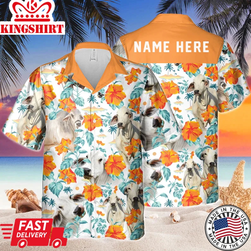 Custom Name Brahman Cow Hibiscus Flowers Trendy Hawaiian Shirt, Cow Trendy Hawaiian Shirt, Summer Gifts For Men And Women