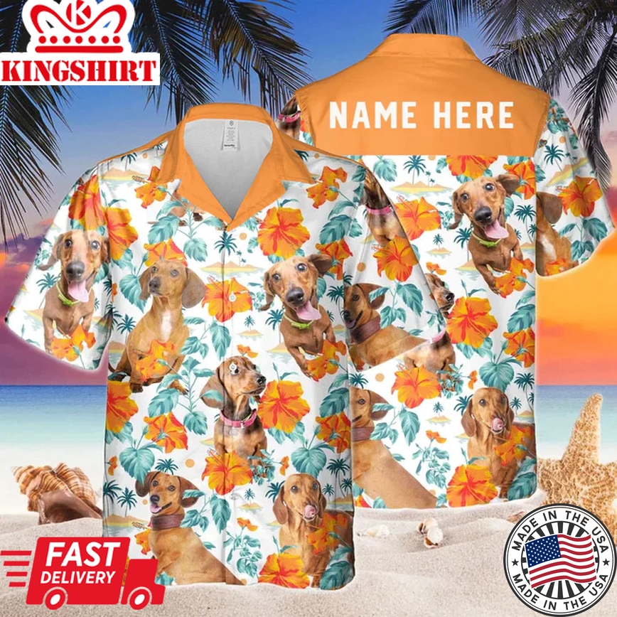 Custom Name Dachshund Dog Hibiscus Flowers All 3D Printed Trendy Hawaiian Shirt