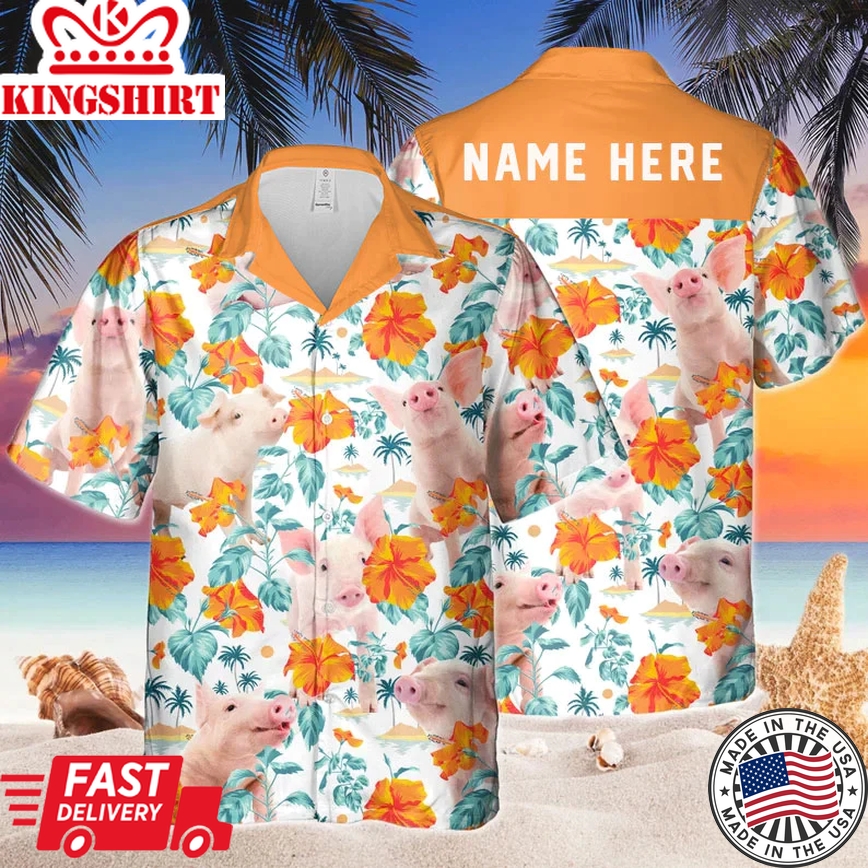 Custom Name Funny Pig Hibiscus Flowers All 3D Printed Trendy Hawaiian Shirt