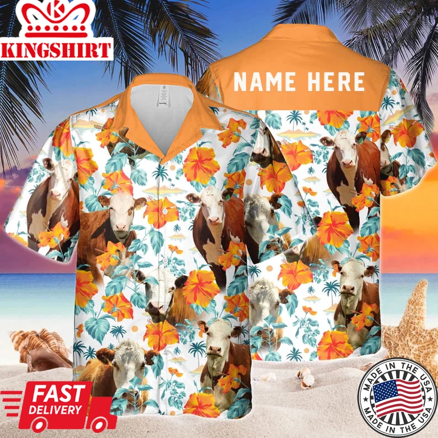 Custom Name Hereford Cow Hibiscus Flowers Trendy Hawaiian Shirt, Cow Trendy Hawaiian Shirt, Summer Gifts For Men And Women