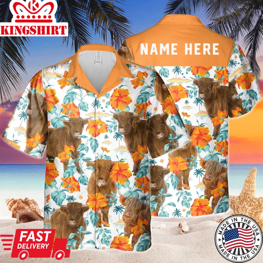 Custom Name Highland Cow Hibiscus Flowers Trendy Hawaiian Shirt, Cow Trendy Hawaiian Shirt, Summer Gifts For Men And Women