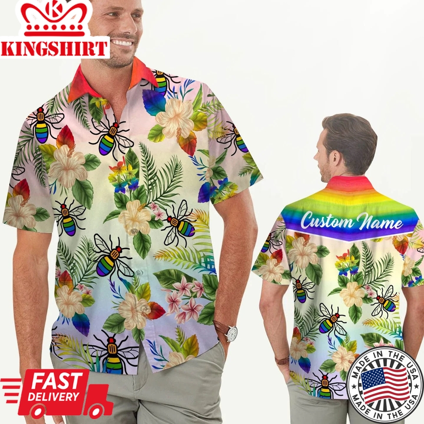 Custom Name Men Hawaiian Shirt For Lgbt Community, Rainbow Bee Hibiscus Flower