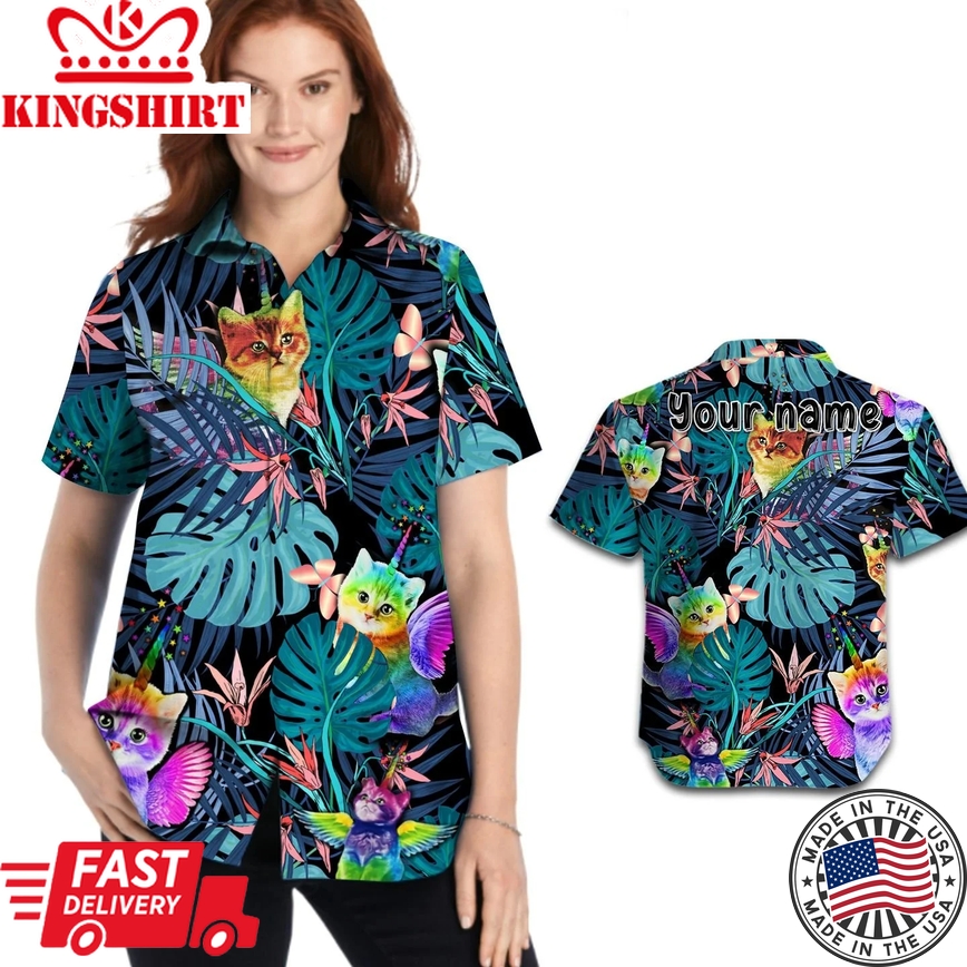 Custom Name Women Hawaiian Shirt For Lgbt Community, Cute Cat Lgbt Flag