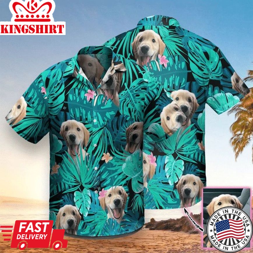 Custom Photo Cute Dog Tropical Leave And Flower Hawaiian Shirt