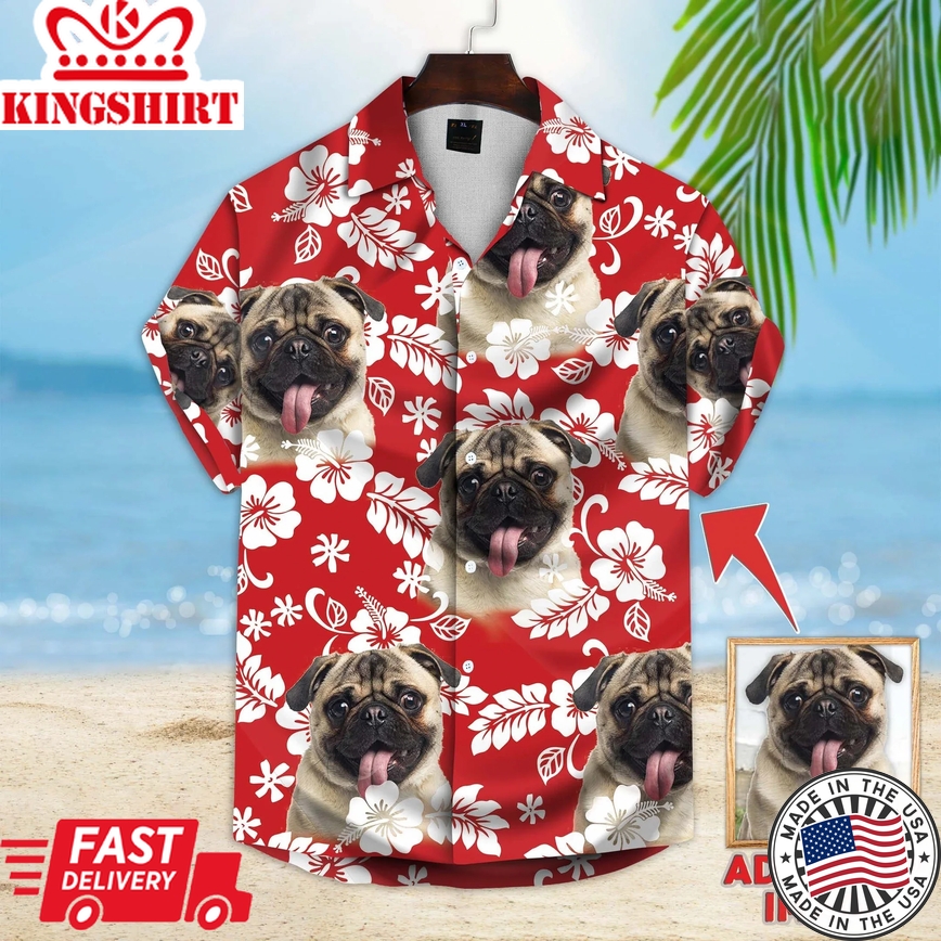 Custom Photo Dog Floral Red Hawaii Shirt, Dog Flowers Pattern Trendy Hawaiian Shirt, Dog Hawaii Shirt For Men, Women