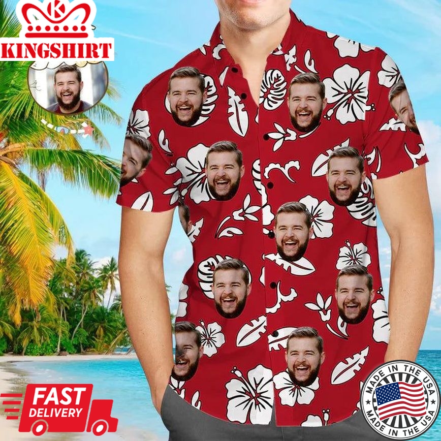 Custom Photo Hibiscus Red All Over Printed 3D Hawaiian Shirt