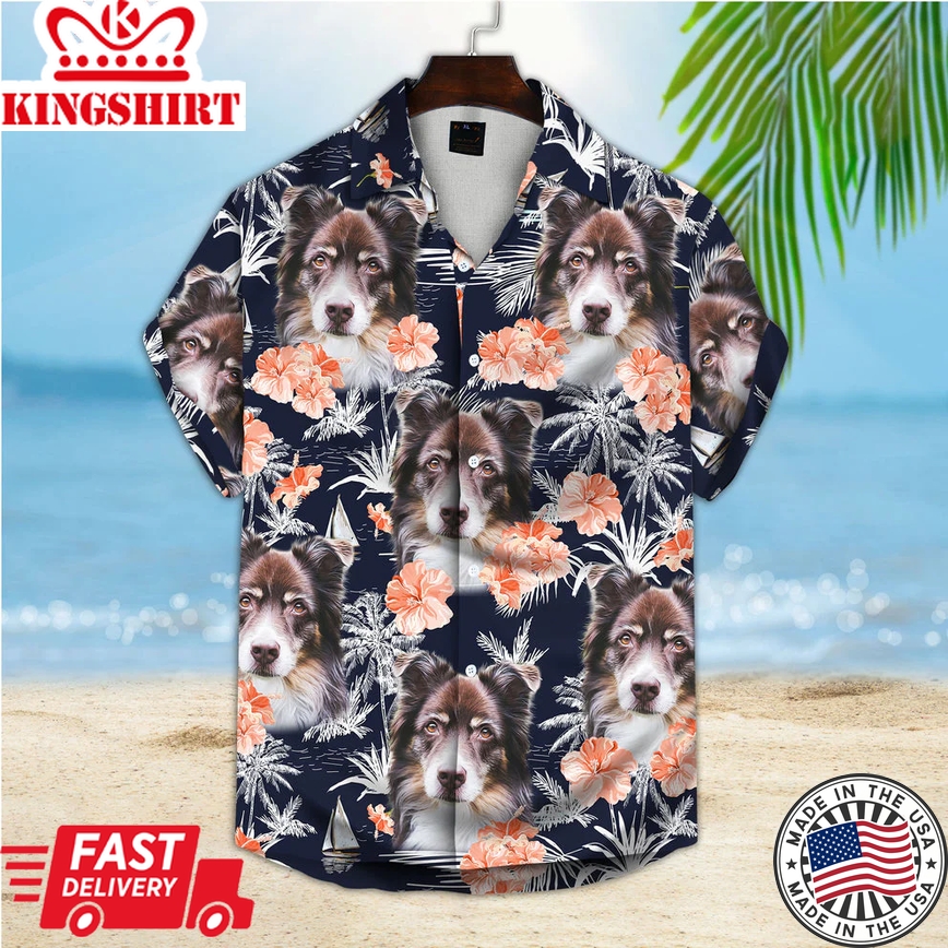 Custom Trendy Hawaiian Shirt With Pet Face, Gift For Pet Lovers, Orange Flower, Coconut, Palm Trees And Sailboat Dark Navy Color Aloha Shirt