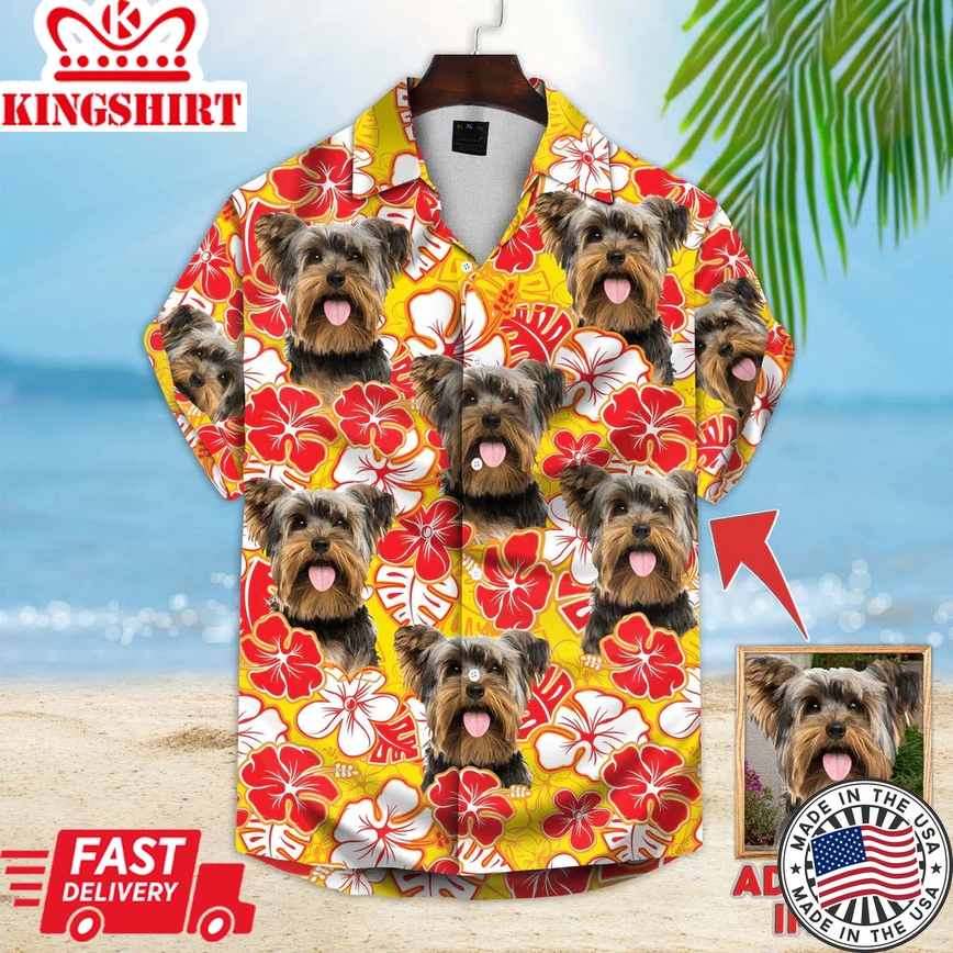 Custom Trendy Hawaiian Shirt With Pet Face, Personalized Gift For Pet Lovers, Leaves & Flowers Pattern Yellow Color Aloha Shirt