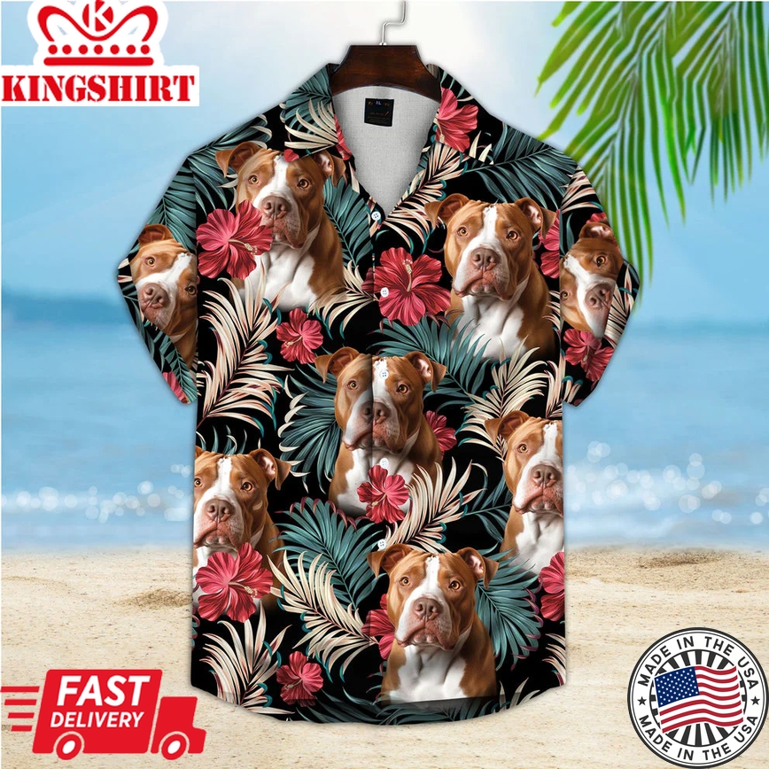 Custom Trendy Hawaiian Shirt With Pet Face, Personalized Gift For Pet Lovers, Vintage Beautiful Hibiscus And Palms Dark Emerald Color Aloha Shirt