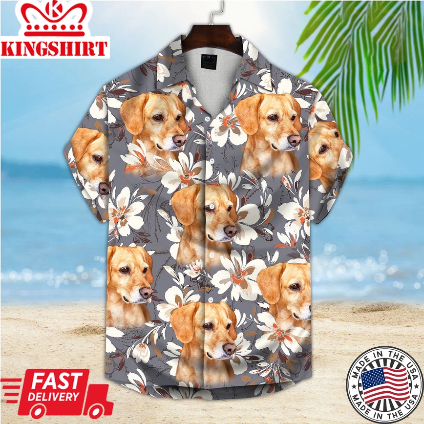 Custom Trendy Hawaiian Shirt With Pet Face, Personalized Gift For Pet Lovers, Watercolor Flower Gray Color Aloha Shirt