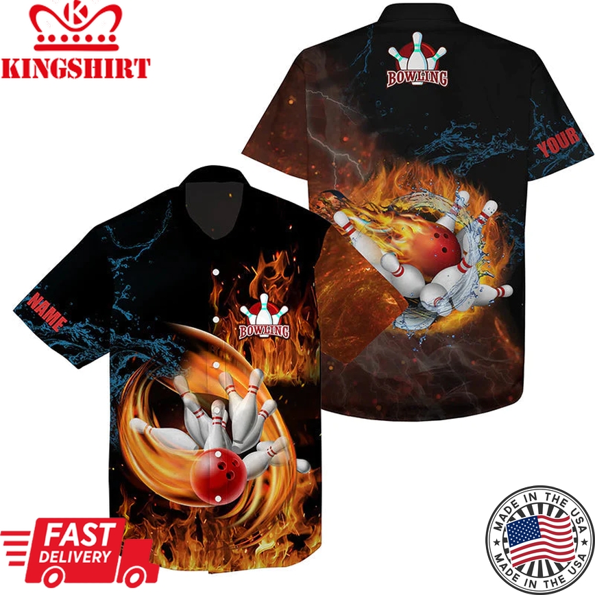 Customize Hawaiian Bowling Shirts Flame Bowling Ball And Pins Team Shirt, Bowling Gifts