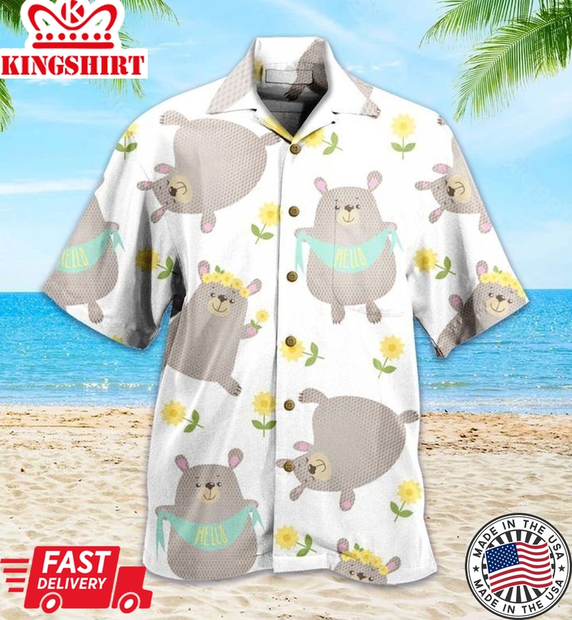 Cute Bear And Sunflower White Trendy Hawaiian Shirt 3D Summer Gifts