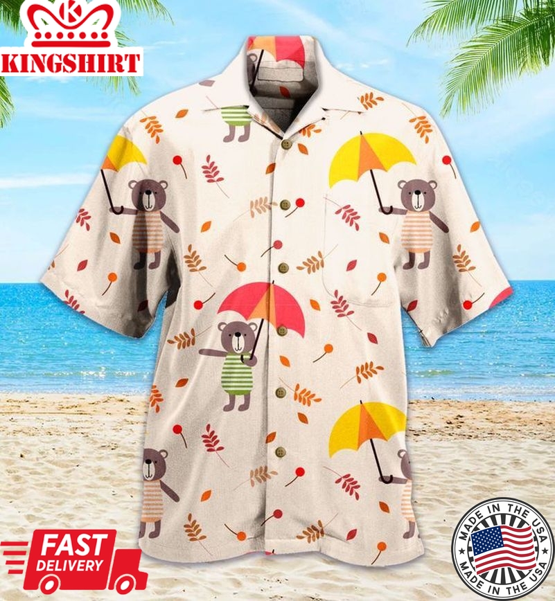 Cute Bear Hold Colorful Umbrella Trendy Hawaiian Shirt 3D Summer Gifts