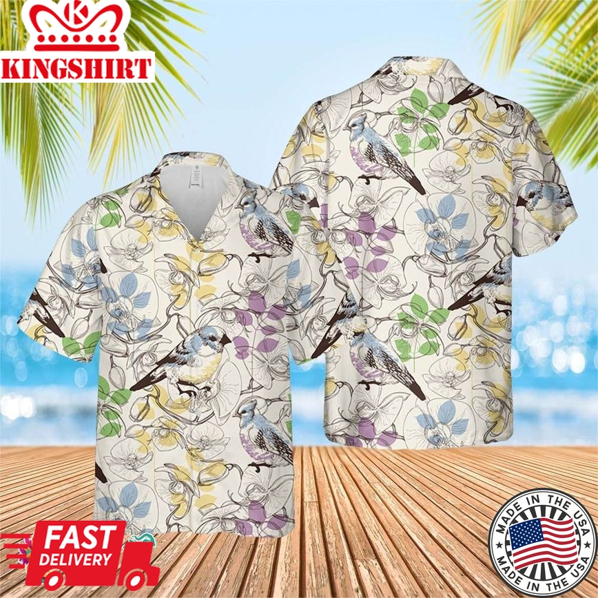 Cute Birds And Flower Hawaiian Shirt, Short Sleeve Hawaiian Aloha Shirt, Cute Birds Shirt, Flower Birthday Hawaiian