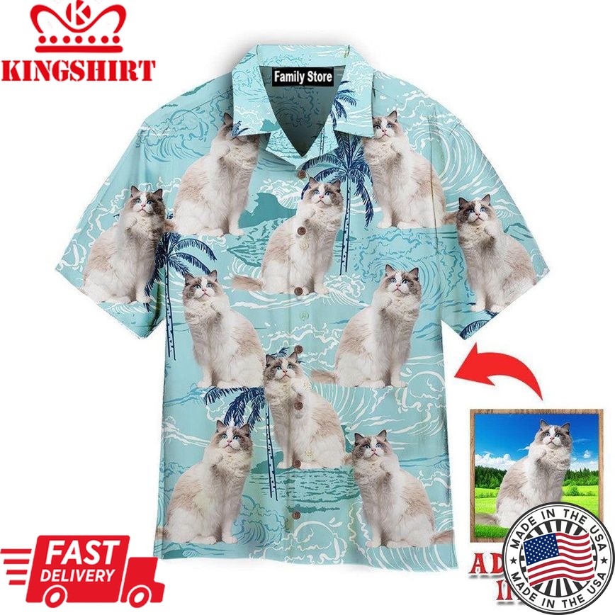 Cute Blue Bicolor Ragdoll On Big Wave Tropical Custom Hawaiian Shirt