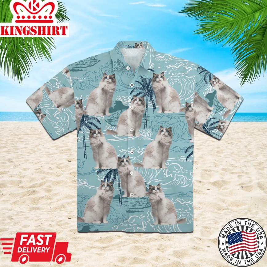 Cute Blue Bicolor Ragdoll On Big Wave Tropical Pattern Trendy Hawaiian Shirt Aloha Shirt