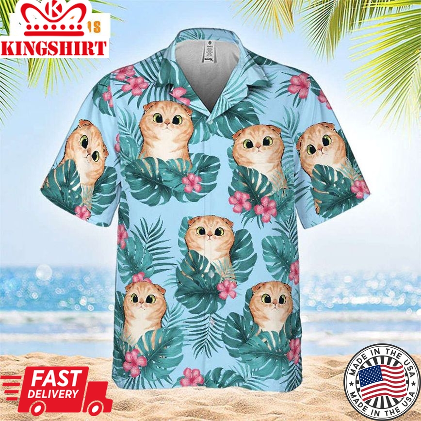 Cute Cat Summer Vibe Tropical Leaves, Cat Trendy Hawaiian Shirt Perfect Gifts For Your Loved Ones