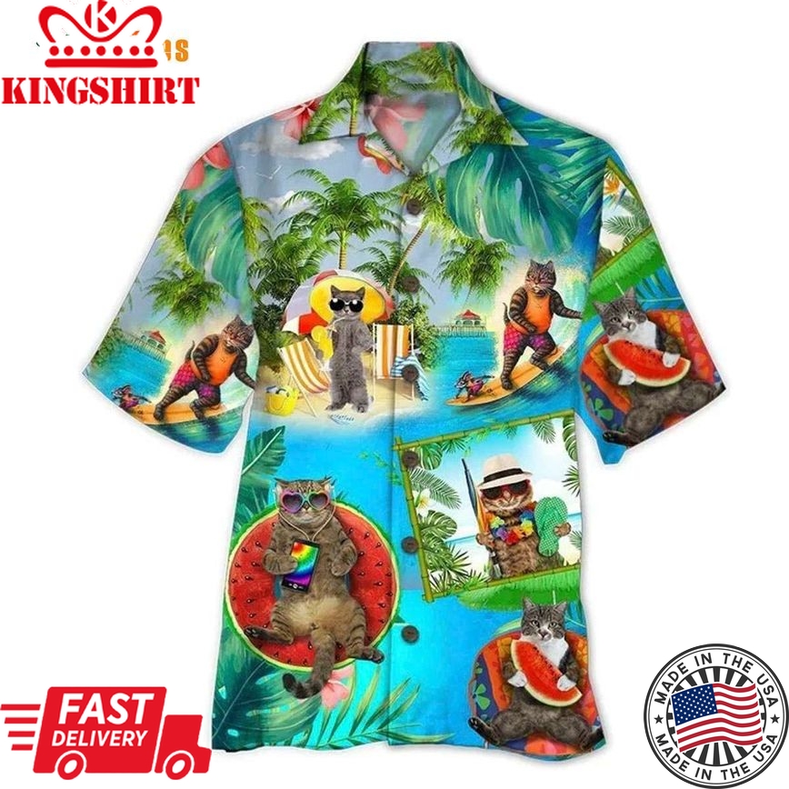 Cute Cats Wear Black Glasses On Beach, Cat Trendy Hawaiian Shirt Perfect Gifts For Your Loved Ones