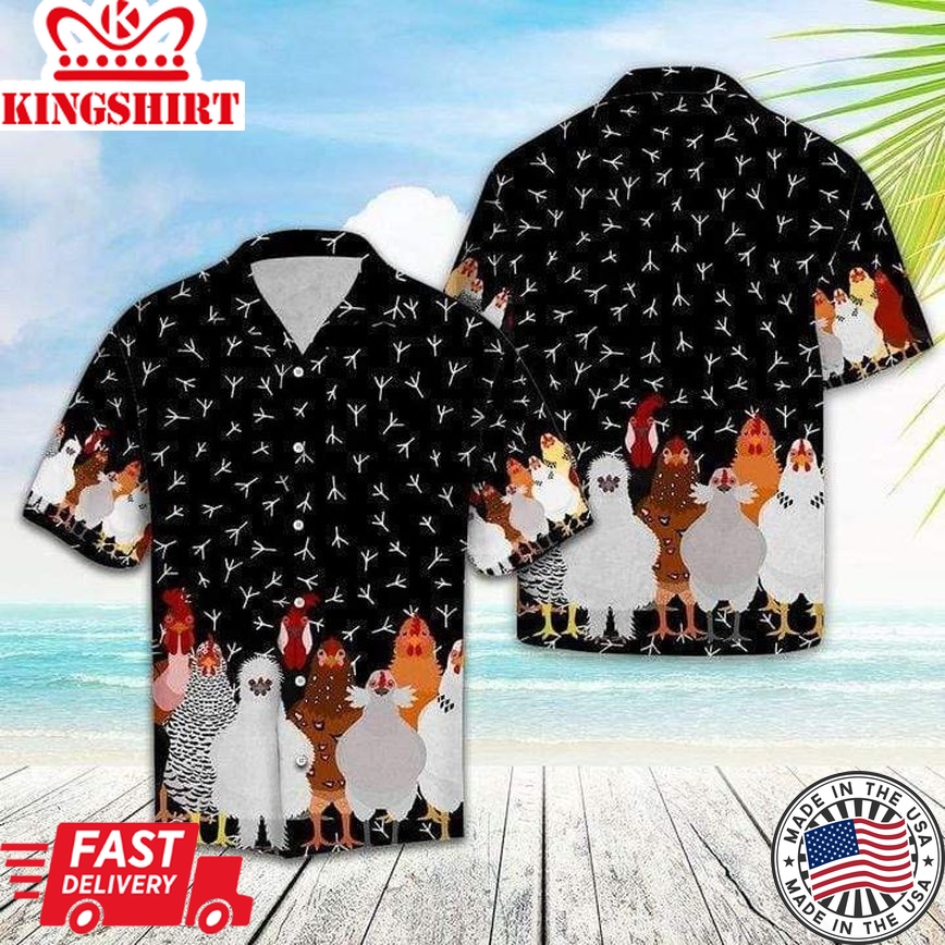 Cute Chickens Black Hawaiian Aloha Shirts, Chicken Lover Trendy Hawaiian Shirt For Summer Gifts