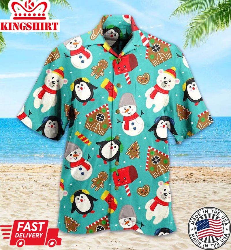 Cute Christmas Penguin Polar Bear Green Trendy Hawaiian Shirt 3D Summer Gifts