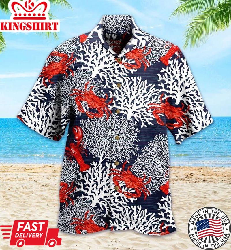 Cute Crab Coral Beach Summer Grey Trendy Hawaiian Shirt 3D, Coral Trendy Hawaiian Shirt For Summer Gifts