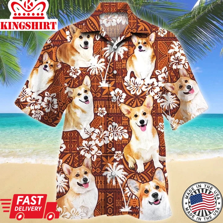 Cute Design Welsh Corgi Dog Lovers Red Tribal Pattern Trendy Hawaiian Shirt