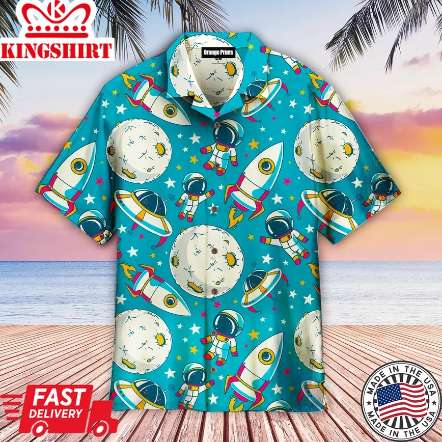 Cute Doodle Astronaut On Planet Trendy Hawaiian Shirt