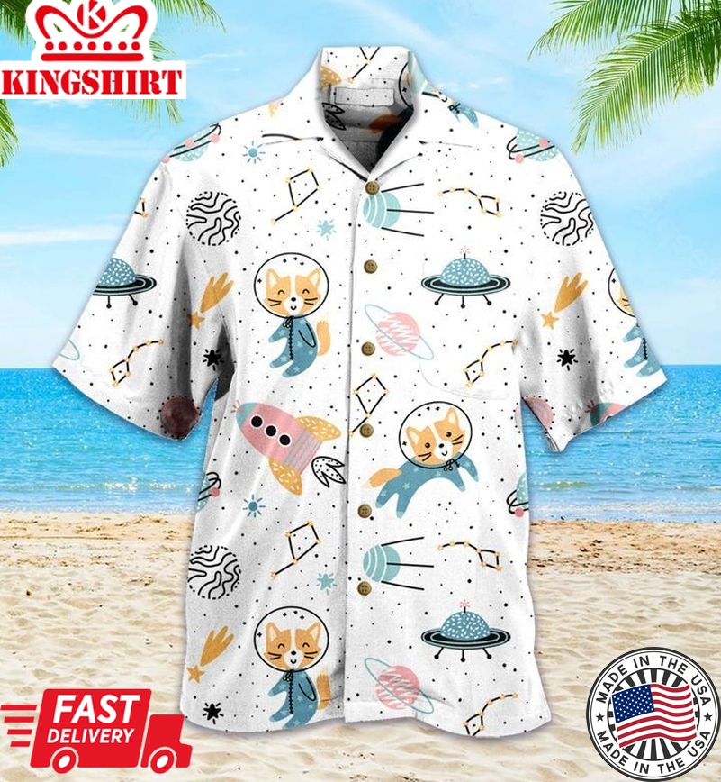 Cute Fox Astronaut Planet White Trendy Hawaiian Shirt 3D, Fox Lover Trendy Hawaiian Shirt For Summer Gifts