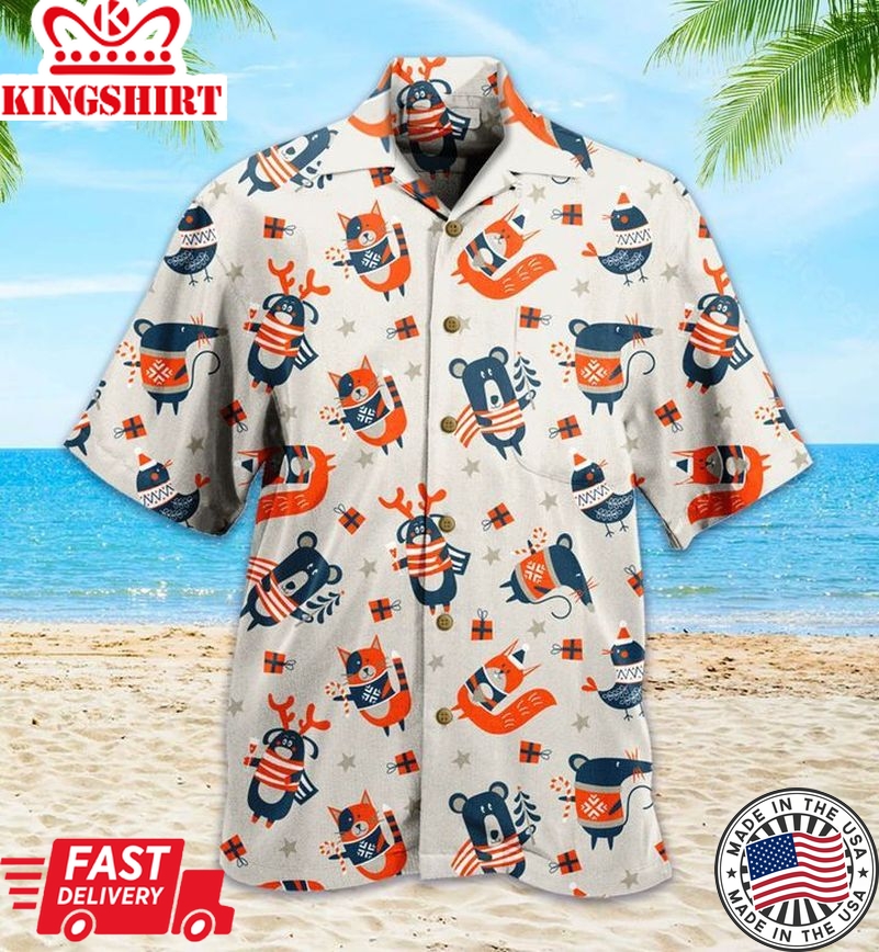 Cute Fox Christmas Beige Trendy Hawaiian Shirt 3D, Fox Lover Trendy Hawaiian Shirt For Summer Gifts