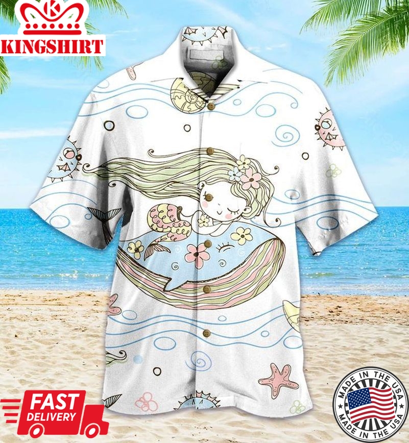 Cute Little Mermaid Sleeping On A Whale White Trendy Hawaiian Shirt 3D Summer Gifts