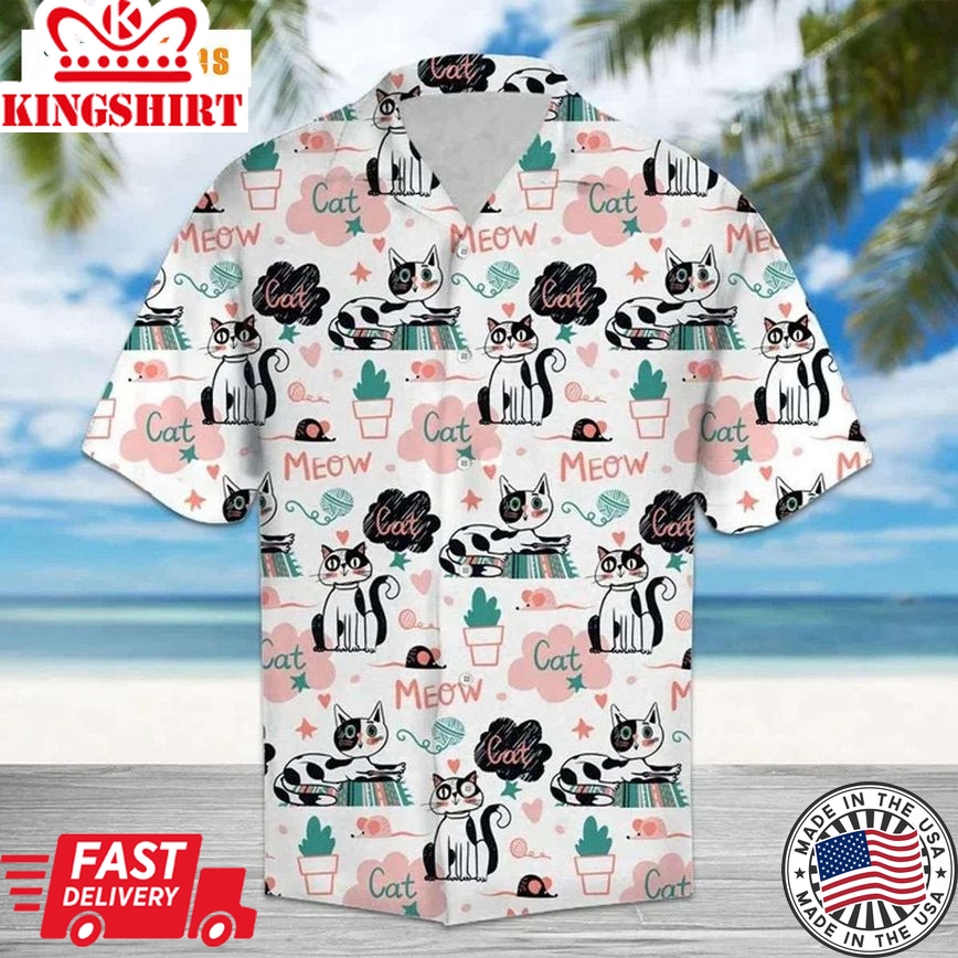 Cute Meow Cat Activities Of A Day Pattern, Cat Trendy Hawaiian Shirt Perfect Gifts For Your Loved Ones