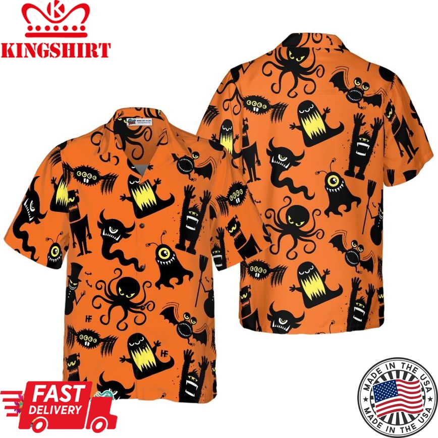 Cute Monster Silhouette Halloween Bigfoot Hawaiian Shirt, Pumpkin Orange And Black Halloween Bigfoot Shirt For Men