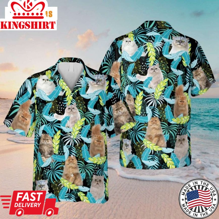 Cute Persian Cat Neon Leaves, Cat Trendy Hawaiian Shirt Perfect Gifts For Your Loved Ones