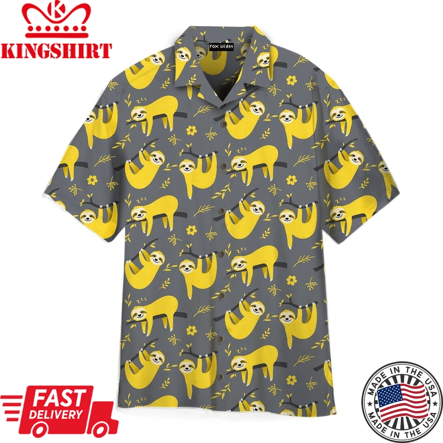 Cute Sloth Seamless Pattern In Yellow And Gray Trendy Hawaiian Shirt