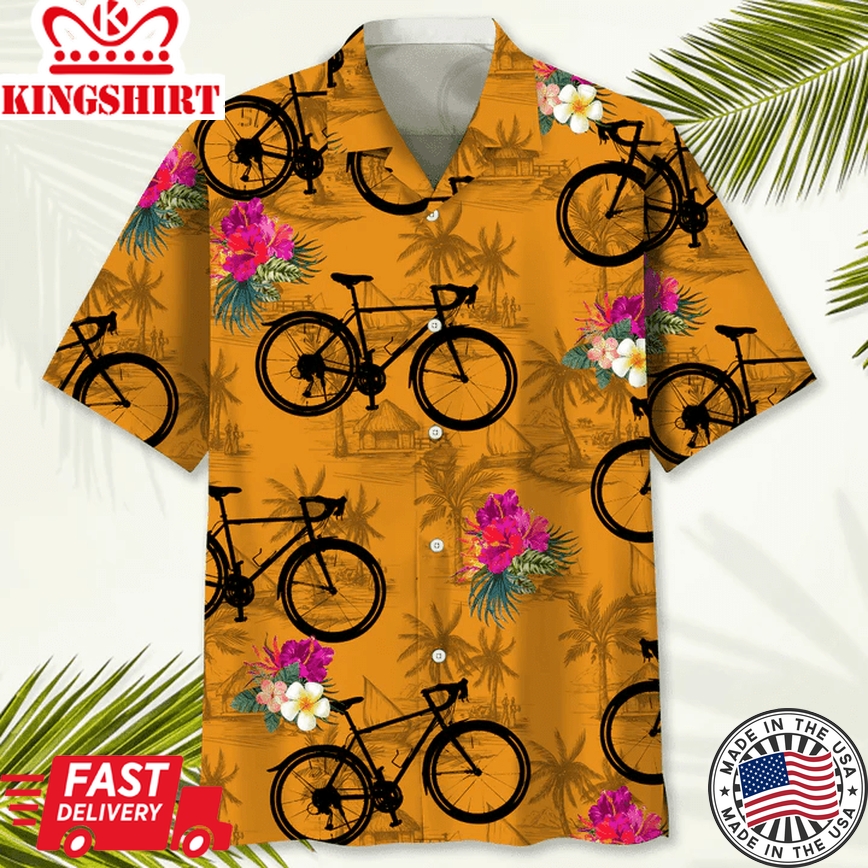 Cycling Orange Tropical Trendy Hawaiian Shirt, Funny Cycling Shirt, Cycling Shirt, Cyclist Shirt, Bicycle Gift, Biking Gift, Bike Gift