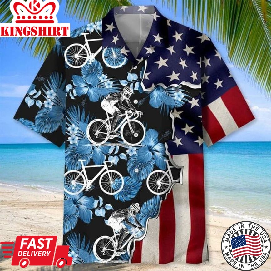 Cycling Tropical Usa Flag Trendy Hawaiian Shirts For Men And Woman, 3D Full Print Cycling Hawaii Aloha Beach Shirt