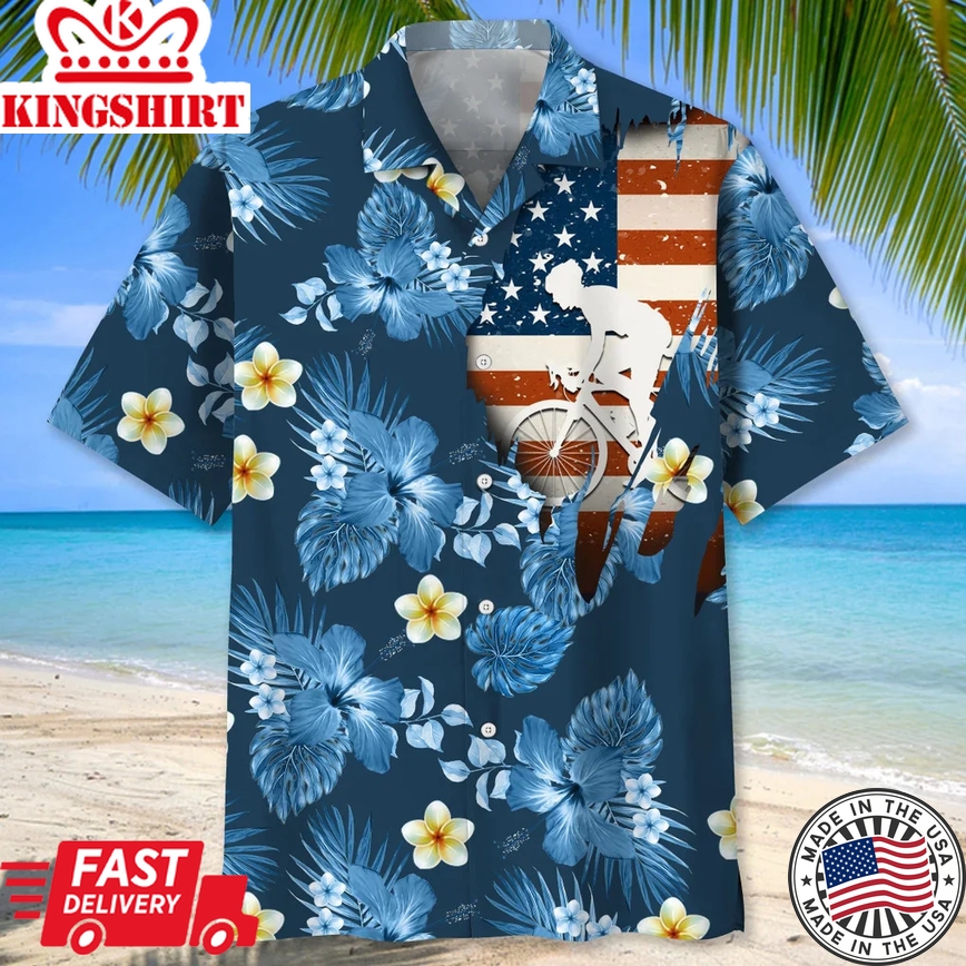 Cycling Usa Blue Tropical Trendy Hawaiian Shirt, Funny Cycling Shirt, Cycling Shirt, Cyclist Shirt, Bicycle Gift, Biking Gift, Bike Gift