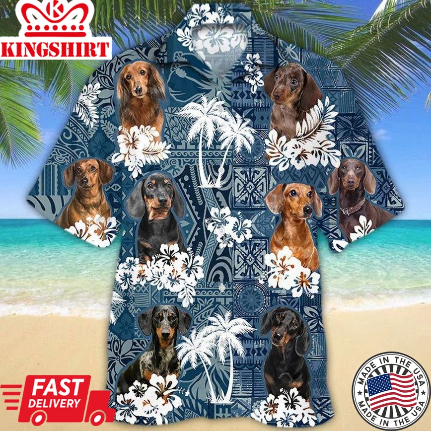 Dachshund 1 Hawaiian Tropical Plants Pattern Blue And White All Over Printed 3D Trendy Hawaiian Shirt